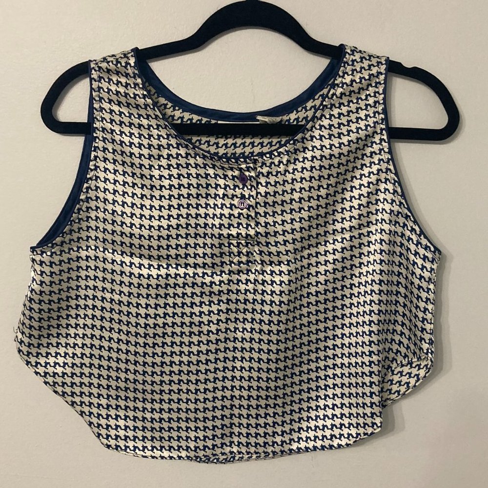 90s Y2K Cropped Shirt Size Medium Blue Houndstooth Silky Fall Funky Vintage